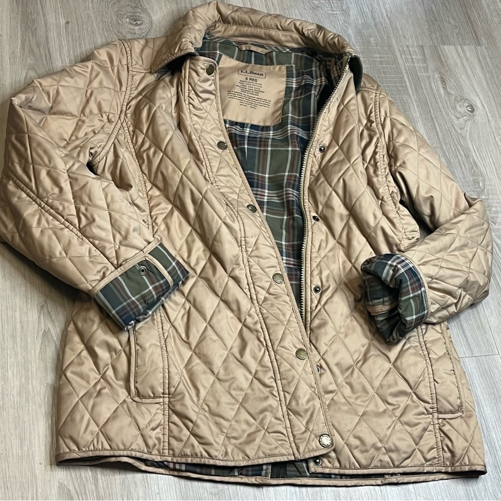 Women’s LL Bean Quilted Insulated Tan Jacket with Plaid Lining‎ Jacket Sz Small